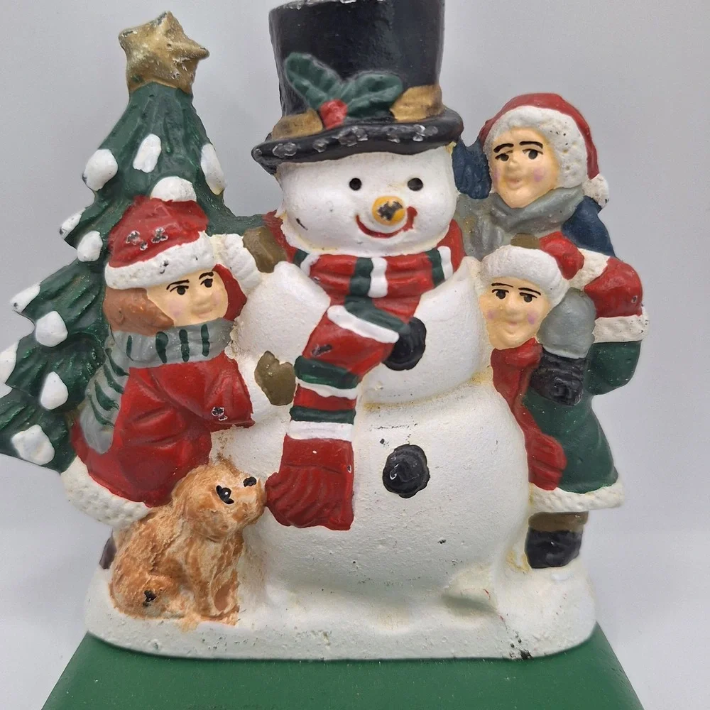 Vintage Cast Iron Christmas Stocking Hanger Hook Snowman, Kids, and Dog 5.5 inch